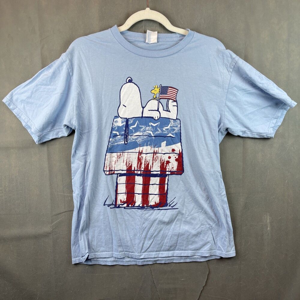 Peanuts Shirt Mens Medium Blue Snoopy Woodstock USA Flag Patriotic